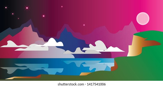 abstract night dark red sky with moon and stars, clouds against mountains and reflections on the water, beautiful background