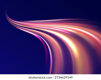 Die abstrakte Nachtautobahn zeigt leuchtend rote und blaue Wanderwege, die dynamisch verlaufen. Lichtwege biegen sich und verdrehen sich entlang gekrümmter Straßen. Perfekt für futuristische High-Speed-Bilder.