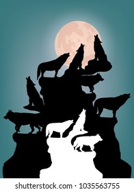 Abstract Night illustration, A herd of wolves howling at the moon, on top of a mountain, silhouette on a blue background, vector