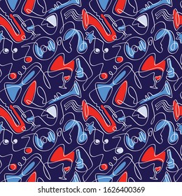 Abstract night jazz music illustration with outline style seamless pattern designs