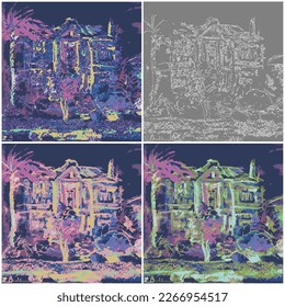 Abstract night landscape for a background with a two-story house and a palm tree, examples of composition of 3 variants of 18 colors, plus additional linear neutral