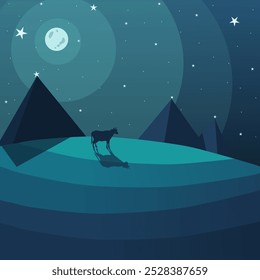 an abstract night landscape with a cow walking by the pyramids. Vector illustration a cow in a meadow at night under the stars and moon casts a long shadow