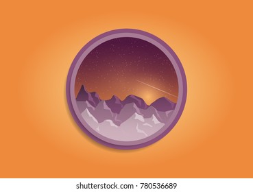 abstract night landscape flat design in circle frame on orange background? - vector eps 10 illustration
