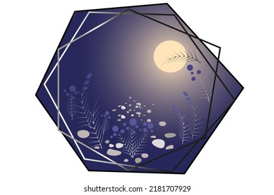 Abstract night landscape in a frame of polygons. Vector illustration for cover design, card, wall decor