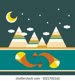 Abstract night landscape geometric design with pair of fishes swimming in the river, wildlife illustration