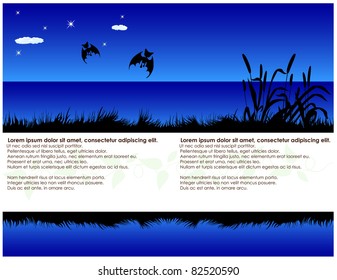 Abstract night landscape with a lake, reeds, clouds and bats