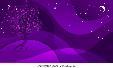 Abstract night landscape in purple tones. Lonely deciduous tree among the hills under the starry sky and the moon. Author's work Vector.