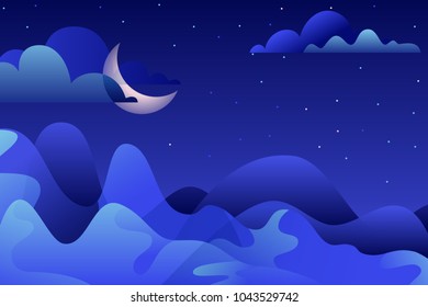 Abstract night landscape, vector hand drawn illustration. Blue mountains and moon on sky. Nature horizontal background with copy space.