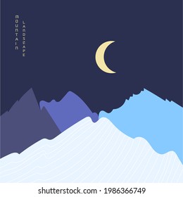 Abstract night mountain landscape poster. Geometric landscape background in asian japanese style. Vector illustration.