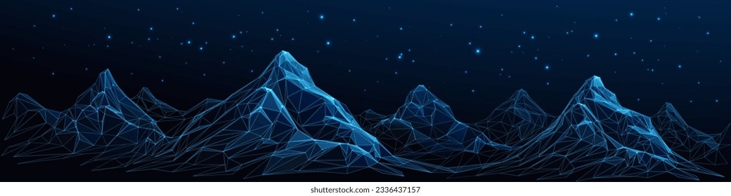 Abstract night Mountains digital landscape. Digital low poly wireframe vector illustration with 3D effect. Panorama of geometric peaks and starry sky on a technology blue background. Connected dots.