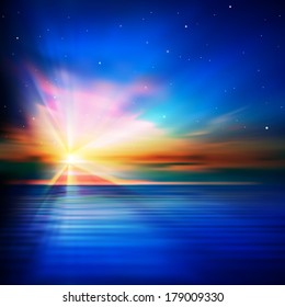 abstract night nature background with clouds and ocean sunrise