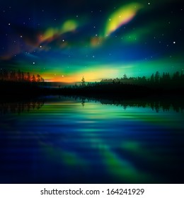 abstract night nature background with forest and aurora borealis