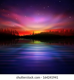 abstract night nature background with pink aurora borealis