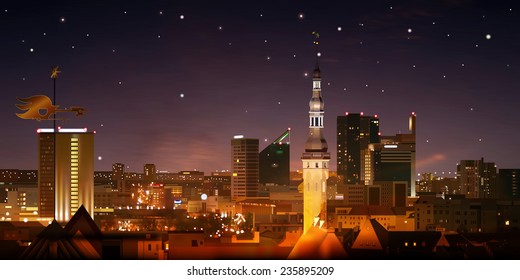 abstract night nature background with stars and cityscape of Tallinn