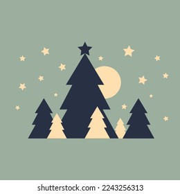 Abstract night New Year's landscape with fir trees and stars