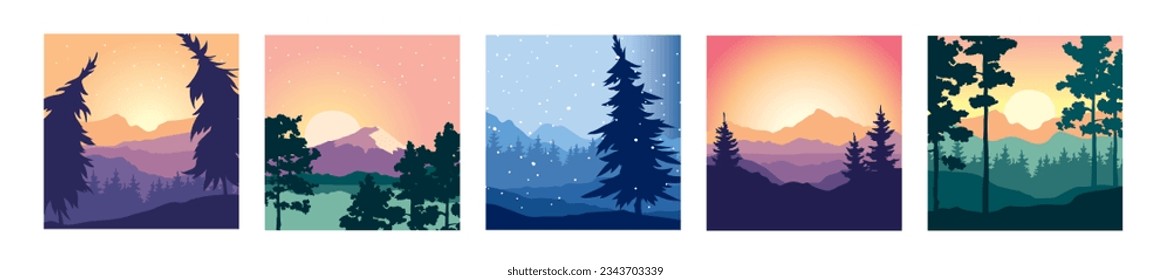 Abstract night nordic landscape with forest. Set vector illustrations, wallpapers. Twilight, sunset.	
