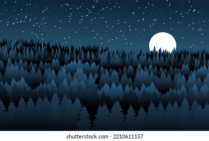 Abstract night scenery with pine pine forest, moon and stars. Vector nature background