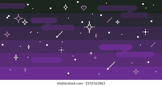 Abstract night sky background in pixel art style. Galaxy. Sparkling stars. Clouds. Arcade retro 8 bit style. Black, purple gradient. Game abstract pixel pattern. Mood of 90's. Simple geometric shape