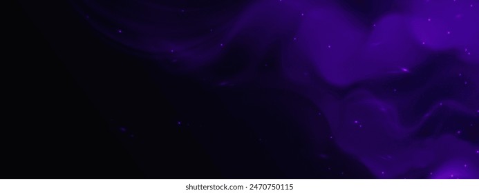 Abstract night sky background. Vector realistic illustration of dark space galaxy backdrop with stars shimmering in purple mist, milky way, mysterious atmosphere overlay effect, starlight in fog