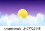 Abstract night sky with a large yellow moon rising above soft, fluffy clouds set against a gradient purple background with stars.