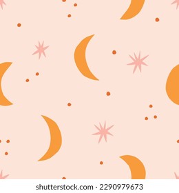 Abstract night sky seamless pattern. Hand drawn Crescent and Stars vector texture. Celestial background in retro style