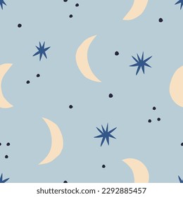 Abstract night sky seamless pattern. Hand drawn Crescent and Stars vector texture. Celestial background in retro style