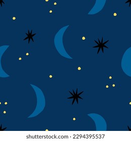Abstract night sky seamless pattern. Hand drawn Crescent and Stars vector texture. Celestial background in retro style