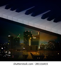 abstract night sunset background with city and piano keys