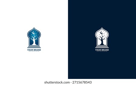 Logo Abstractas del árbol nocturno con luna creciente y estrellas. Símbolo minimalista de la ventana del arco para el arte islámico y espiritual