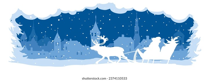 Abstract night winter landscape with old town. Narrow vector christmas illustrations, greeting card with Santa Claus on a reindeer sleigh.
