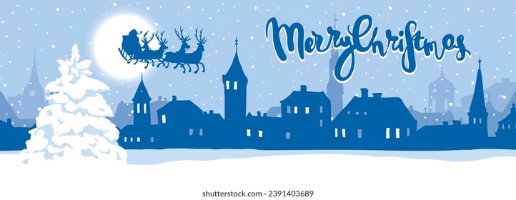 Abstract night winter landscape with old town. Narrow vector christmas illustrations, greeting card with Santa Claus on a reindeer sleigh.	