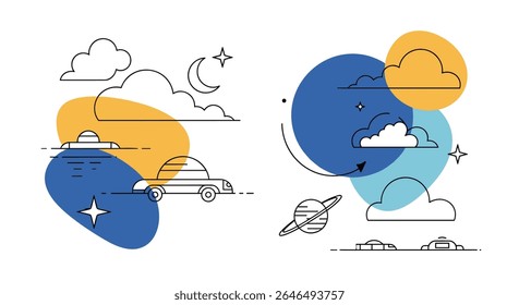 Abstract nighttime scene with cars ufos stars and clouds vector design concept