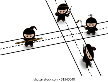 Abstract ninjas fighting on crossroad