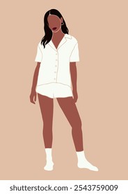 abstract no face full body portrait of a young woman of color in white two piece pajamas outfit, lady in comfy sleepwear, beautiful black arican girl in loungewear, isolated vector illustration