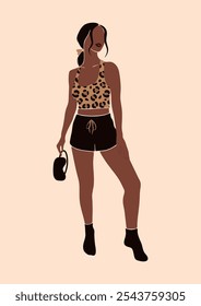 abstract no face full body portrait of a young woman of color in cheetah print pajamas outfit, lady in comfy sleepwear, beautiful black arican girl in loungewear, isolated vector illustration