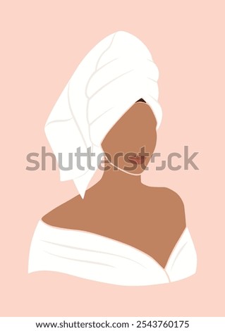 abstract no face portrait of a confident beautiful girl with a towel wrapped around her head, self care, spa day concept, isolated vector illustration