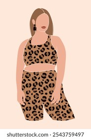 abstract no face young curvy woman in cheetah print pajamas, lady in comfy yoga outfit, beautiful girl in loungewear, pilates studio concept, isolated vector illustration