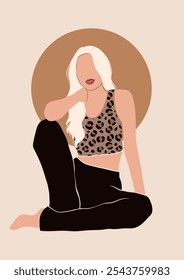 abstract no face young woman in cheetah print pajamas, lady in comfy yoga outfit, beautiful girl in loungewear, pilates studio concept, isolated vector illustration