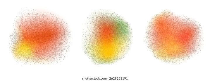 Abstract noise gradient spots set. Circular dynamic stippling grunge figures isolated on white background. Liquid uneven brutalist forms. Vector grainy gradation illustration.