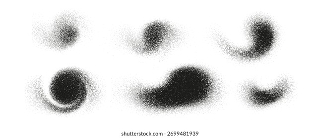 Abstract noise and grain vector set with dot spray and gradient texture. Black and white halftone shapes creating a dusty grunge effect. Perfect for background, design, and artistic decoration