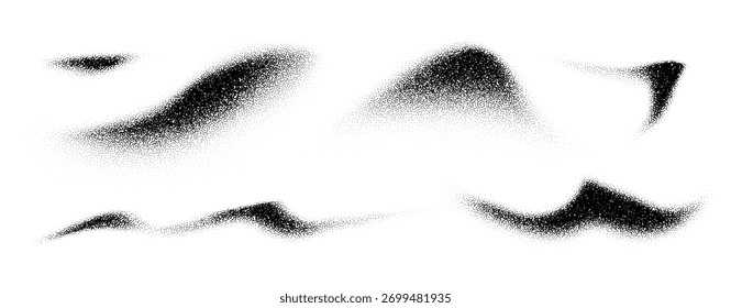 Abstract noise and grain wave texture set. Black and white dot spray pattern with halftone gradient and dust effect. Grunge vector background for design, illustration, and creative overlay elements