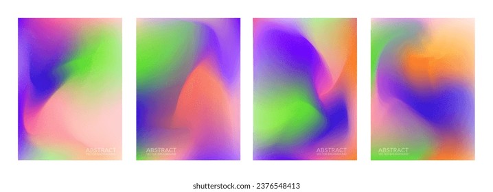 Abstract noise light blur gradient background. Color wallpaper grainy fluid effect. Holographic multicolor textured poster design. Bright granular dynamic grain. Purple green orange pink surface