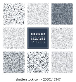 Abstract noise vector seamless patterns set. Grain grunge black white repeat flecked texture. No signal TV screen pattern. Marble noise background with dots, stain, spots. Textured paper overlay print