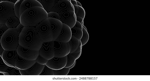 Abstract noisy distorted spheres. Vector lines circles connecting on black.