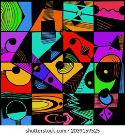 Resumen, no objetivo, ilustración en un patrón cuadrado de cuadrícula, muy colorida con negro, vector, totalmente editable