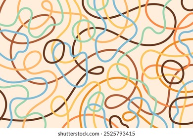 Abstract noodle background with vibrant wavy lines. Colorful spaghetti and ramen design isolated on a soft yellow background. Creative playful geometric art.