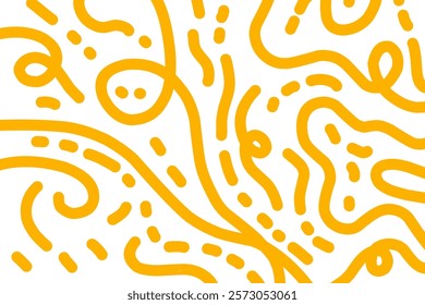 Abstract noodle pattern. Graphic spaghetti background with yellow ramen noodles. Isolated vector illustrations on white background. Italian pasta abstract pattern
