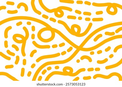 Abstract noodle pattern. Graphic spaghetti background with yellow ramen noodles. Isolated vector illustrations on white background. Italian pasta abstract pattern
