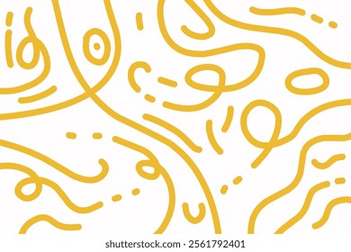 Abstract noodle pattern. Spaghetti background graphic. Ramen noodles texture. Yellow color vector illustration. Isolated on white background. Spilled noodle