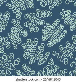 Abstract Noodle Shapes Seamless Pattern With Chaotic Green Lines On Navy Background. Modern Vector Design For Fashion Fabric, Home Decor Textile Or Product Wrapping.